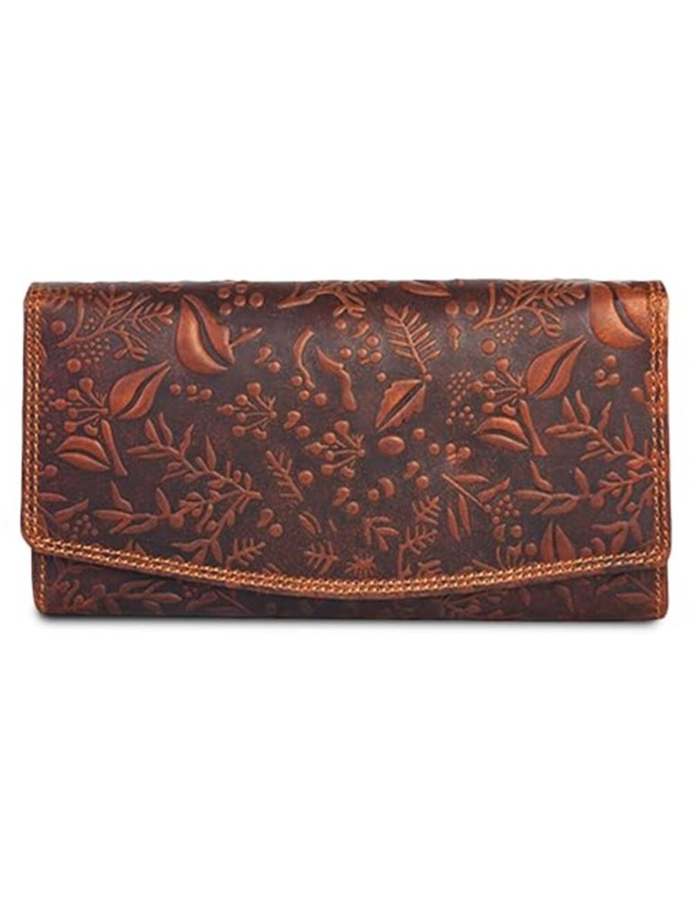 Womens Leather Wallet RFID Blocking Cognac Floral Embossed Bifold Card Organizer